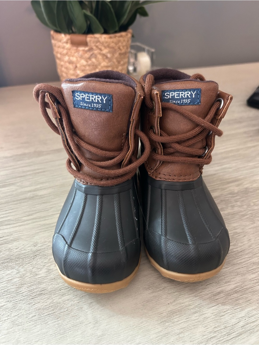 Sperry Kids Brown Leather & Black Rubber Rain Boots with Tan Sole